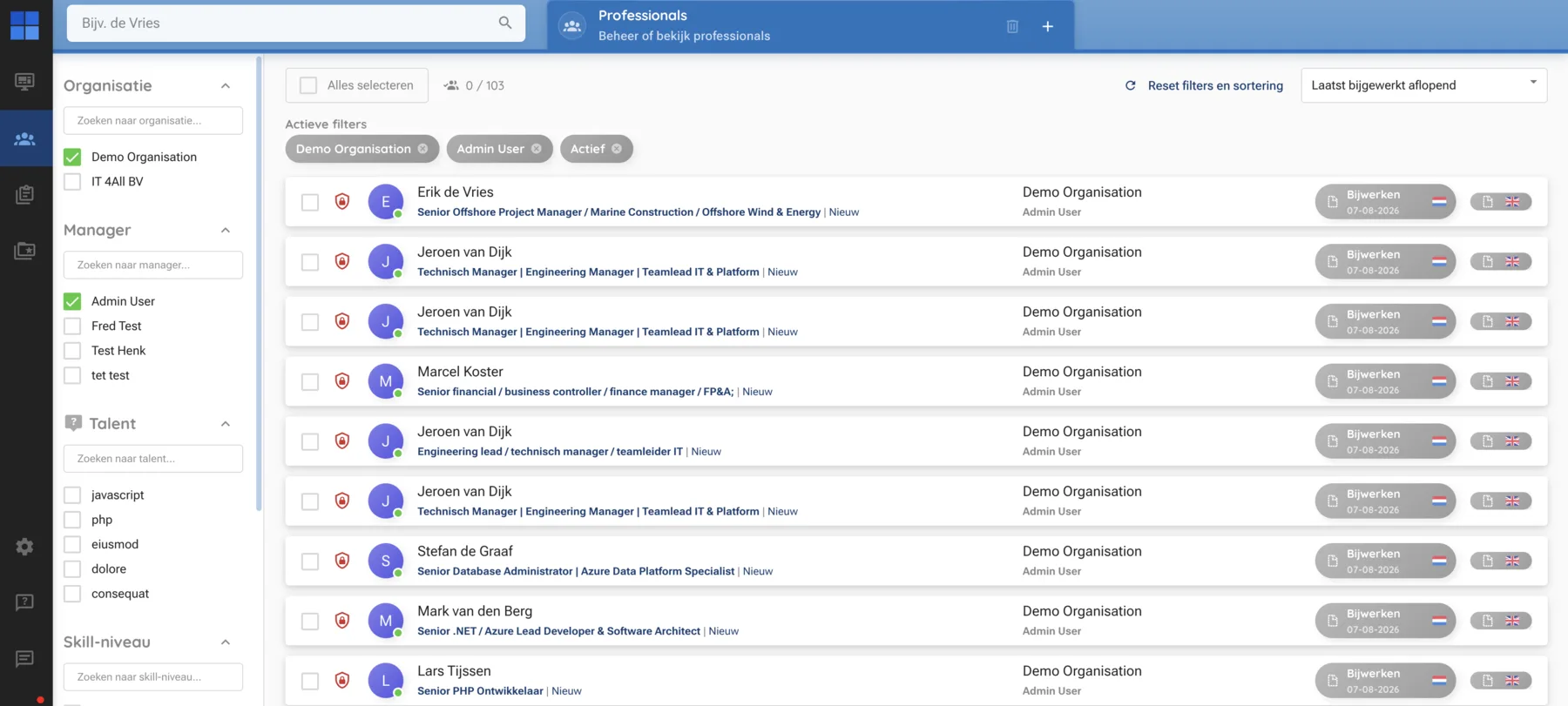 Overzicht van professionals in EazyCV met zoekresultaten en filters